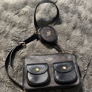Coach Brown and Black Signature Crossbody with Coin Pouch